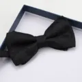 Primo piano dettagliato di un classico papillon nero testurato presentato in una scatola. - Farfallino Paisley Nero
