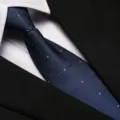 Close-up detail of a dark blue striped business necktie worn with formal suit and shirt. - 8cm Wave White Dot Zipper