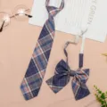 Detailed view of the JK uniform plaid tie and bowtie set, featuring blue and pink plaid. - JK035 Purple Orange Plaid Tie and Bow Tie Set
