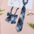 Blue plaid JK uniform tie and bow tie set with adjustable strap, sweet school style accessory. - JK045 Whale Island Plaid Tie and Bow Tie Set