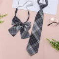 JK uniform detail view, blue grey plaid tie and bow set, cute pre-tied collar item - JK046 Cyan Gray Plaid Tie and Bow Tie Set