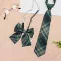 Green plaid JK uniform necktie and bow set with adjustable elastic strap accessory. - JK048 Forest Letter Tie and Bow Tie Set