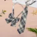 JK uniform tie and bow set grey plaid pre-tied necktie collar ribbon set cute accessories - JK049 Gentle Slash Plaid Tie and Bow Tie Set