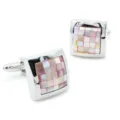 Gemelli quadrati con inserto a mosaico rosa in argento, accessorio elegante per camicia. - Gemelli in Conchiglia Rosa con Confezione Regalo