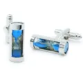 Gemelli da polso francesi argentati con design a clessidra blu per camicie da uomo formali. - Gemelli Clessidra Blu con Confezione Regalo