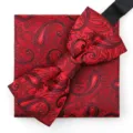 Conjunto de pajarita y pañuelo de bolsillo paisley rojo y negro para hombre formal. - Burdeos Paisley Pajarita + Pañuelo