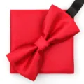 Conjunto de pajarita y pañuelo de bolsillo rojo para hombre, elegante corbata formal de boda lisa. - Rojo Brillante Liso Pajarita + Pañuelo