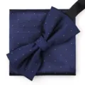 Conjunto de pajarita y pañuelo de bolsillo azul marino con lunares para traje de boda de hombre. - Azul Oscuro Punto Pajarita + Pañuelo