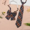 JK Uniform Plaid Tie and Bow Set Orange Gray Variant Style Fashion Accessory for Women - JK038 Dark Gray Orange Plaid Tie and Bow Tie Set