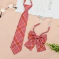 JK uniform accessory set featuring a pink plaid tie and bow tie, perfect for student daily wear. - JK041 Orange Pink Plaid Tie and Bow Tie Set