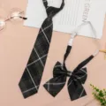Dark gray plaid JK uniform tie and bow set, pre-tied necktie with adjustable strap accessories. - JK047 Smoke Gray Plaid Tie and Bow Tie Set