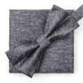 Conjunto de pajarita y pañuelo de hombre gris oscuro brillante para traje de boda de negocios - Gris Esmerilado Raya Blanca Pajarita + Pañuelo