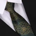Close-up detail of dark green retro floral necktie with golden pattern for formal suits. - Ink Lotus