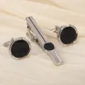Ensemble pince à cravate et boutons de manchette homme argentés en pierre de sable bleu. - Romantique Étoilé Rond Pince à Cravate et Boutons de Manchette Set