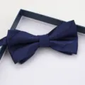 Vista dettagliata del farfallino doppio blu scuro da uomo elegante in confezione. - Farfallino Righe Scure Blu