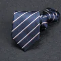 Men's blue zipper tie with diagonal white and brown stripes, stylish pre-tied necktie. - 8cm Dark Blue Yellow Stripe Zipper