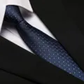 Detailed shot of a classic dark blue patterned business necktie with white shirt and suit. - 8cm Blue Ladder Stripe Zipper
