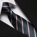 Classic navy blue striped necktie with herringbone texture for business formal and office wear. - 8cm Dark Blue Yellow Stripe Zipper