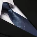 Close-up detail of a dark blue business striped tie paired with a crisp white shirt and suit. - 8cm Stylish Men Plaid Zipper