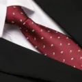 Classic red patterned business tie with white shirt and black suit jacket for men - 8cm Burgundy White Paisley Zipper