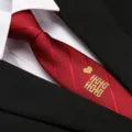 Red striped wedding tie with golden embroidery double happiness symbol for groom business wear. - 8cm Joyful Plum Blossom Gold Zipper