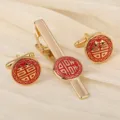 Ensemble pince a cravate et boutons de manchette mariage pour homme rouge or chic. - Or Rond Double Bonheur Pince à Cravate et Boutons de Manchette Set