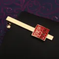 Fermacravatta in metallo dorato da uomo, elegante design quadrato rosso, accessorio per abito formale da affari. - Quadrato Oro Doppio Felicità Fermacravatta (Scatola Regalo)