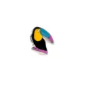 Detailed view of colorful toucan bird enamel lapel pin, metal alloy brooch accessory. - Bird