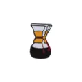 Close-up detail of a retro coffee maker shaped enamel brooch pin with a wooden collar. - Chemex Pour Over Style (BH049)