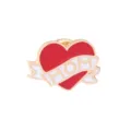 Detailed shot of a red and white heart enamel pin with MOM ribbon design, alloy lapel brooch. - Heart