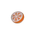 Orange slice enamel pin detail shot, featuring white and orange details with gold tone. - Orange
