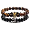Set di bracciali di perle in pietra naturale con ciondoli a corona brillanti ed eleganti. - Occhio di Tigre Agata Nera Corona Oro Argento (Stile H) / Set di 2 pezzi