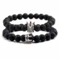 Black lava stone bead bracelets set with silver crown charms for men and women chic style - Black Lava Stone Set (Style T) / Two-Piece Set