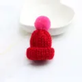 Close-up detail of cute miniature red knitted pom-pom hat accessory for bags and crafts. - Burgundy