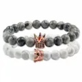 Beaded Bracelets Set Natural Stone Crown Charm Jewelry Fashion Couple Gift Accessories - Gray Pattern Stone White Turquoise Set (Style B) / Two-Piece Set
