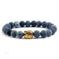 Blauwe gebarsten kraal armband met gouden Boeddha hoofd hanger elastische meditatie sieraden - Zwart Verweerd Steen Gouden Legering