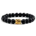 Zwarte matte kralenarmband met gouden Boeddha hoofd bedel elastische stenen armband - Mat Zwart Steen Gouden Legering