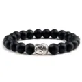 Mat zwarte stenen kralen armband met zilveren boeddha hoofd hanger elastische armband - Mat Zwart Steen Zilveren Legering