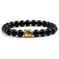 Zwarte stenen kralen armband met gouden Boeddha hoofd bedel elastisch sieraad cadeau - Glanzend Zwart Steen Gouden Legering