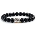 Zwarte kralen armband met zilveren boeddha hoofd hanger elastische steen sieraden cadeaus - Glanzend Zwart Steen Zilveren Legering