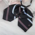 Japanese JK uniform bow tie with navy pink blue stripes and crown embroidery for students - Dark Blue Crown Double Layer Collar Flower