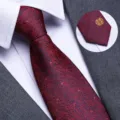 Red wedding necktie detail showing gold double happiness symbol, formal business suit accessory. - 8cm Red Fish Round Double Happiness Zipper
