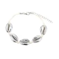 Braccialetto o cavigliera intrecciata con conchiglie di cauri argentate per spiaggia. - Corda Beige Conchiglia Argento