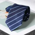 Dettaglio cravatta a righe blu scuro da uomo, elegante cravatta formale con cerniera primo piano - Stile con Cerniera 6cm A080