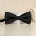 Black men's bow tie for formal wear, elegant solid color fabric wedding groom accessory. - Black Stripe Bowtie