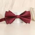 Burgundy layered bow tie for men, stylish solid color accessory for weddings and formal shirts. - Dark Red Vertical Stripe Bowtie