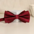 Burgundy satin bow tie for men, elegant double layer design for wedding and formal wear. - Wine Red Asymmetric Glossy Bowtie
