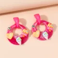 Pink acrylic hoop earrings featuring cute sweet ice cream heart charms for women summer daily wear - Heart Ice Cream (A23-236) / Rose Red