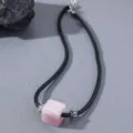 Minimalist pink cube pendant black cord necklace, stylish geometric fashion jewelry accessory. - Cube Pink Stone Pendant (C23-047) / Pink