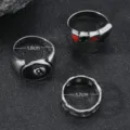 Punk style men ring set detail showing vintage skull and poker design with size mark. - Playing Cards Skull Chain Three-Piece Set (D23-034)